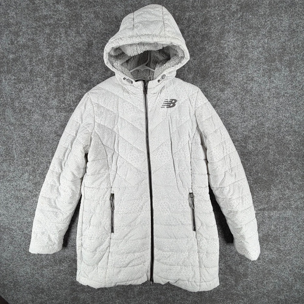 New‎ Balance Hooded Puffer Jacket Womens XL Gray Geometric Full Zip Lightweight